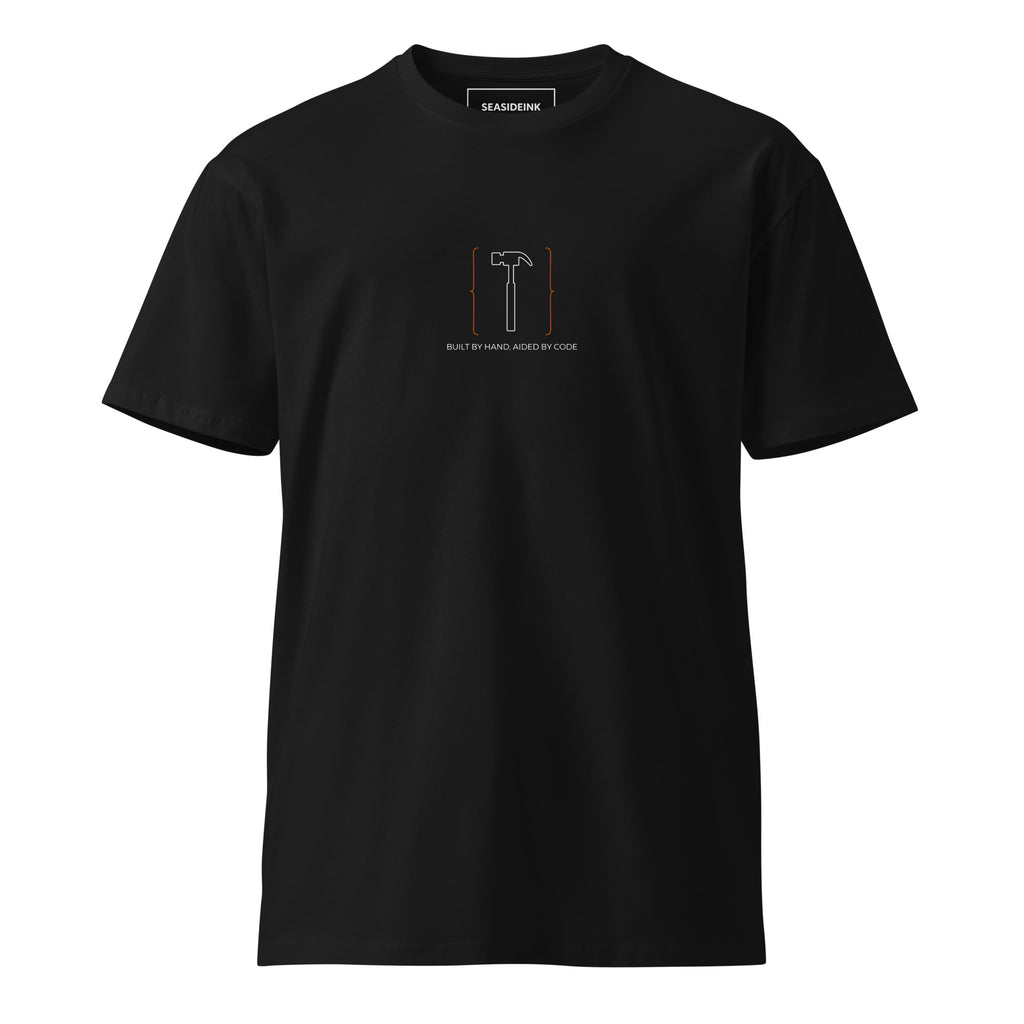 Built by Hand Aided by Code unisex premium t-shirt — back view
